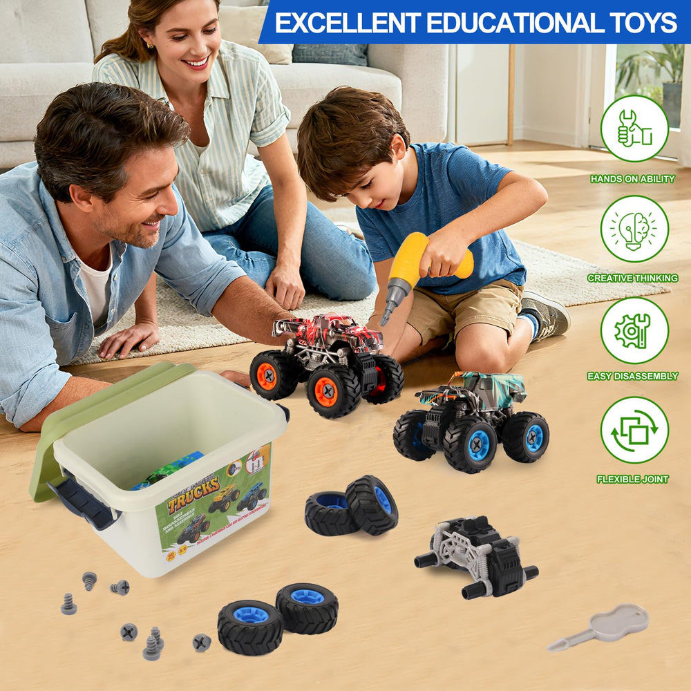Trovogil monster trucks with electric drill enable easy disassembly and assembly.