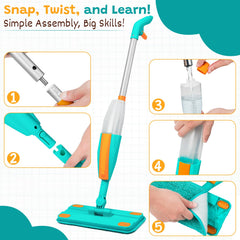 TrueYee Kids Spray Mop features a refillable tank for easy water access.