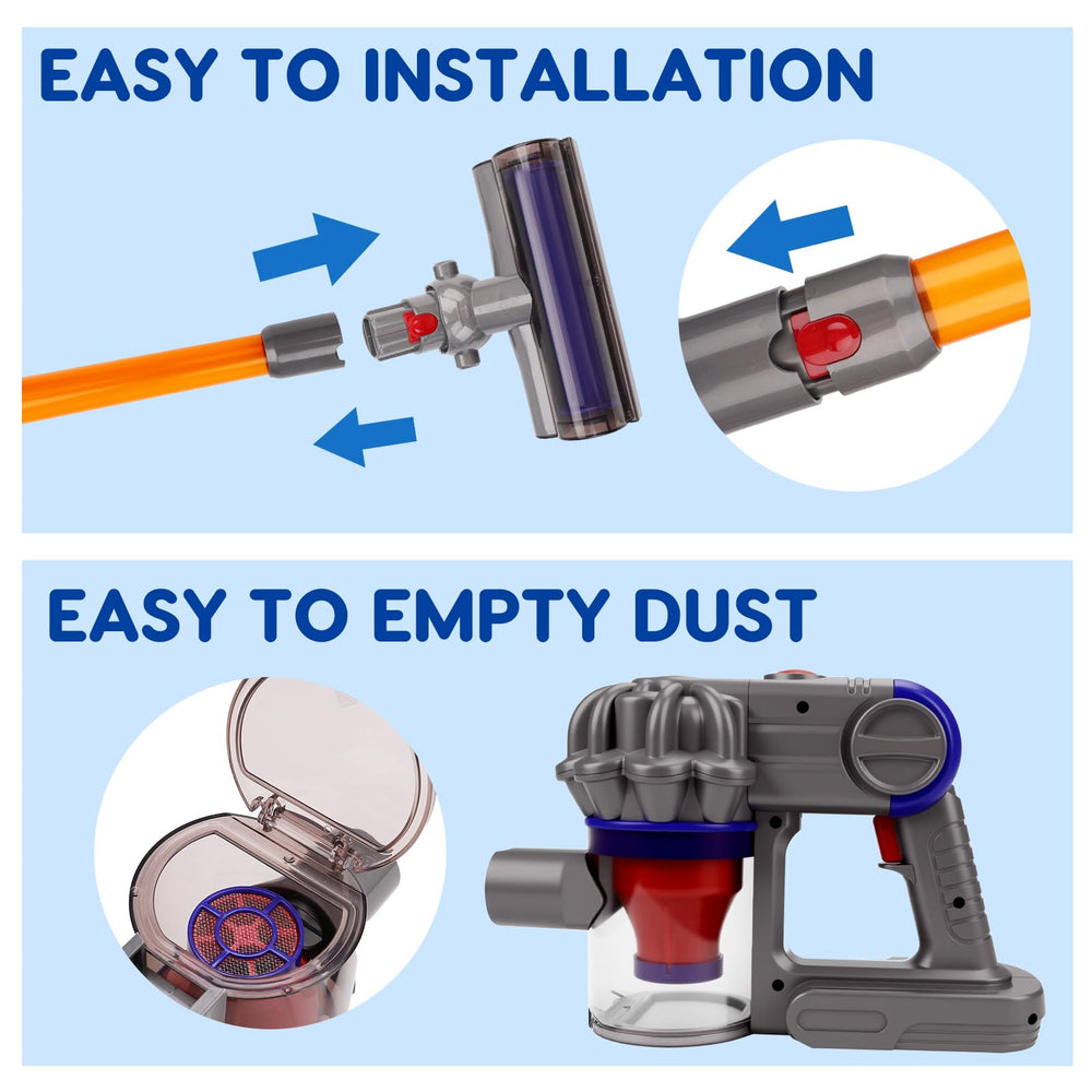 Bright, engaging look makes pretend cleaning inviting.