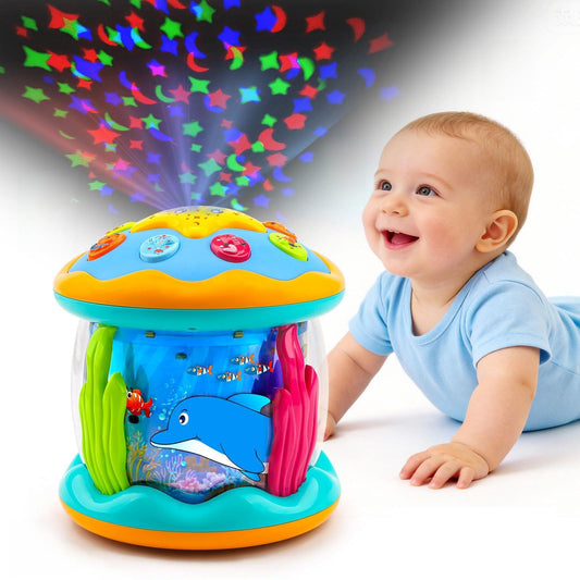 Tsomtto Ocean Projector star button lights up to engage baby during tummy time.