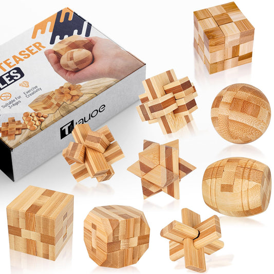 Tuauoe wooden brain teaser puzzle set showcases intricate designs for mind training.