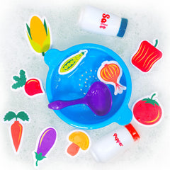 Tub Works colorful bath vegetables floating in water