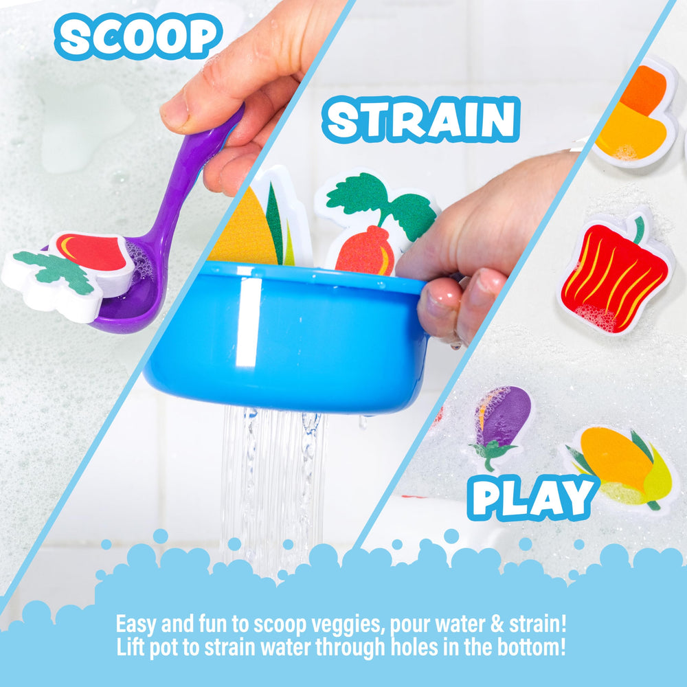 Tub Works foam vegetables floating near the tureen during bath time