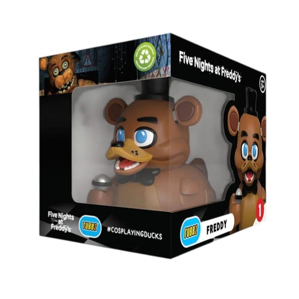 TUBBZ Freddy Fazbear duck figure on display shelf, ideal for FNAF collectors.