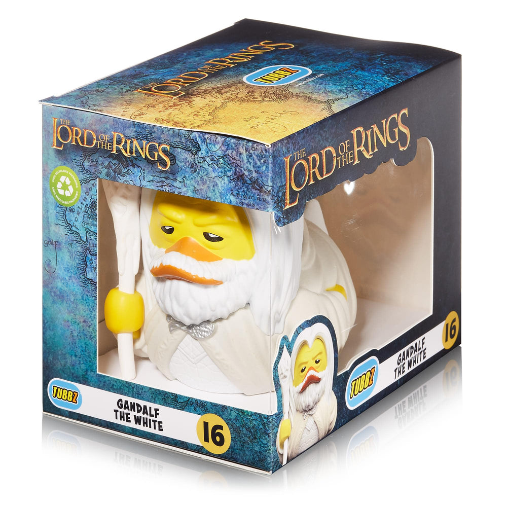 TUBBZ Gandalf the White cosplaying duck beside the Lord of the Rings logo for display.