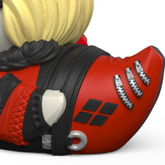 TUBBZ Harley Quinn display-ready duck on a shelf for easy viewing.