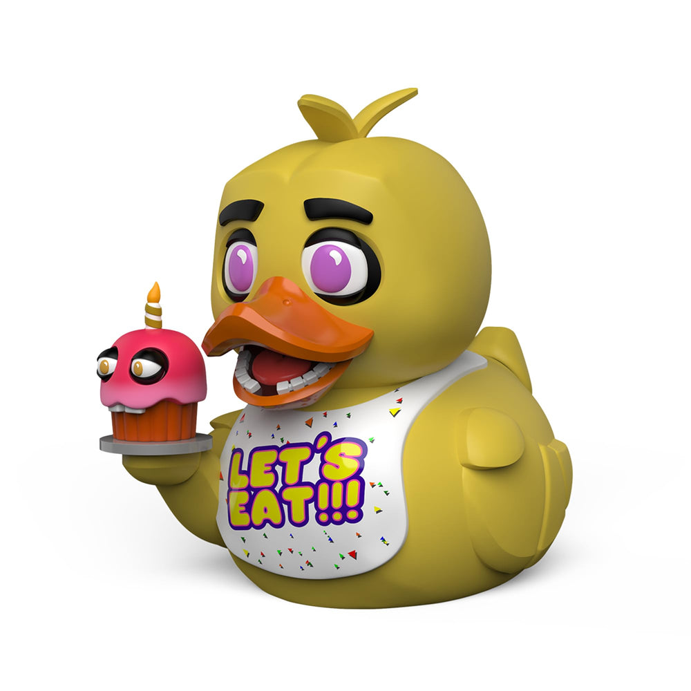 TUBBZ First Edition Chica cosplay duck figure in a display case adds FNAF flair to your shelf.