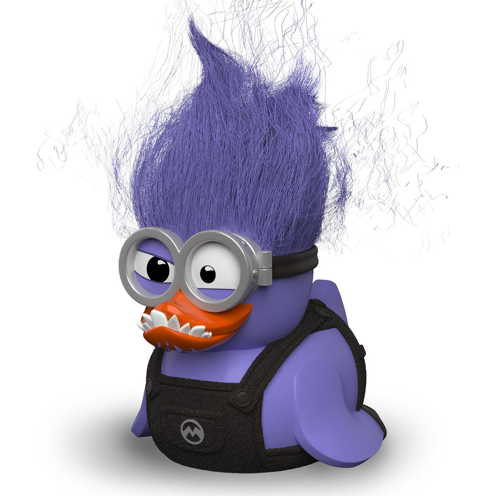 TUBBZ First Edition Purple Minion duck in display case showcases collectible charm.