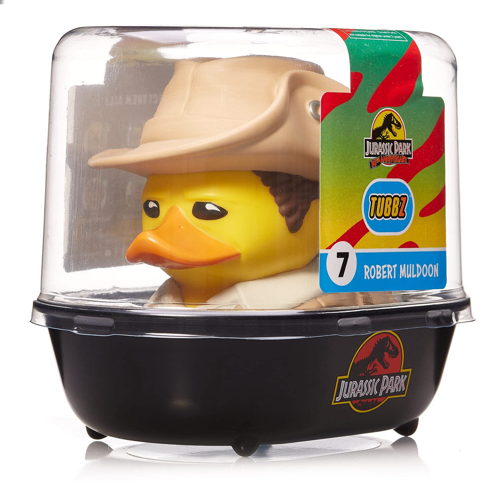 TUBBZ Jurassic Park logo display case featuring Muldoon duck.
