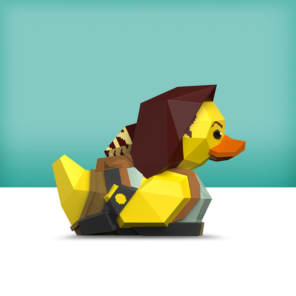 TUBBZ Lara Croft cosplaying duck side profile with Tomb Raider logo.