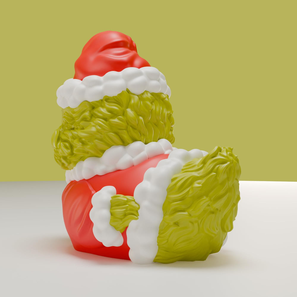 TUBBZ Grinch Santa cosplay duck in branded mini bathtub, ideal gift display.