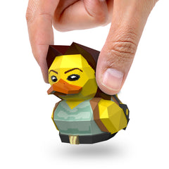 TUBBZ Mini Lara Croft cosplaying duck on desk display for pop culture shelves.