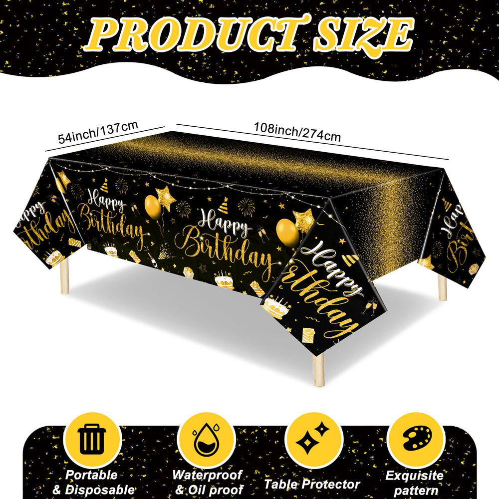 Tudomro birthday tablecloth featuring cakes and balloons with gold foil accents.