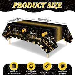 Tudomro birthday tablecloth featuring cakes and balloons with gold foil accents.