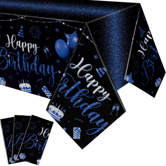 Tudomro Happy Birthday tablecloth Black-Blue design closeup with gold foil accents for stylish party decor.