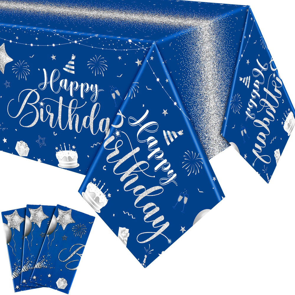 Tudomro blue-silver happy birthday tablecloth with cakes and balloons for a festive setup.