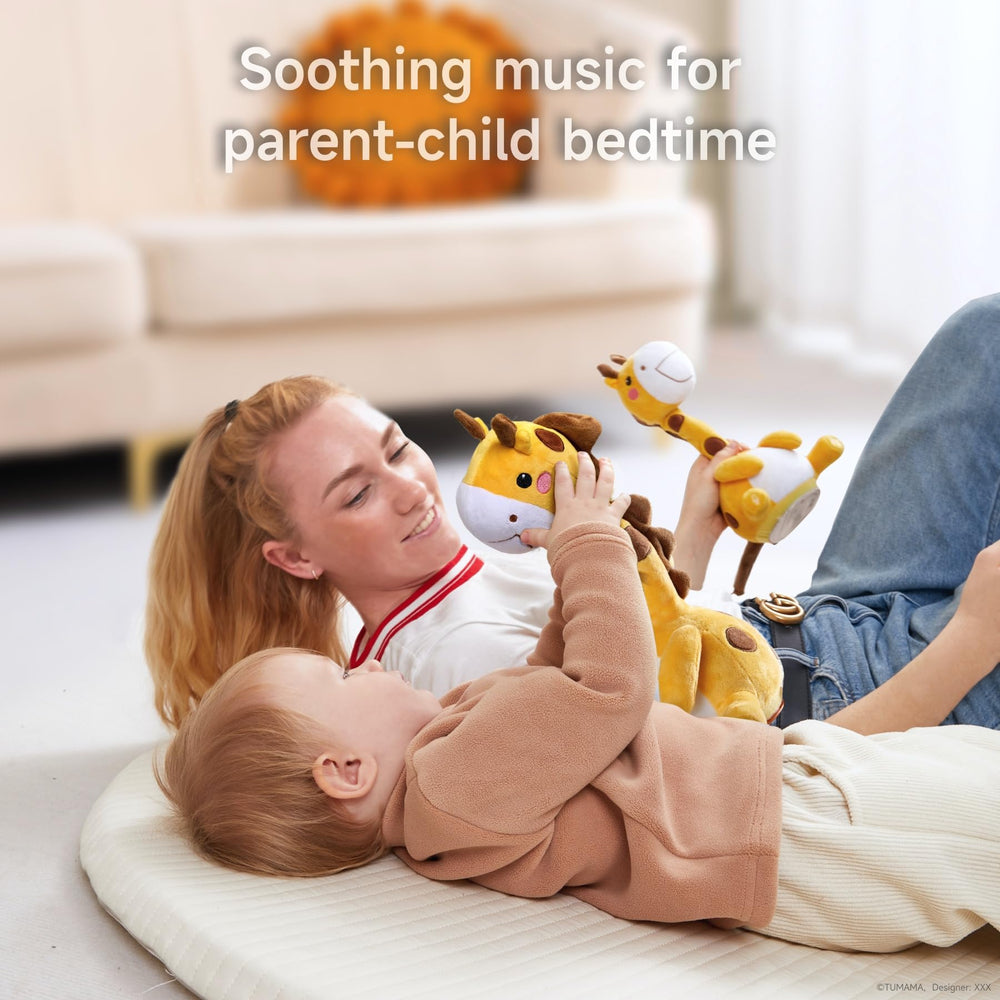 TUMAMA Kids giraffe plush toy features soft fabric for gentle cuddling.