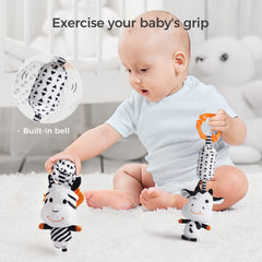 TUMAMA KIDS high contrast clip attaches to stroller for on the go visual play.