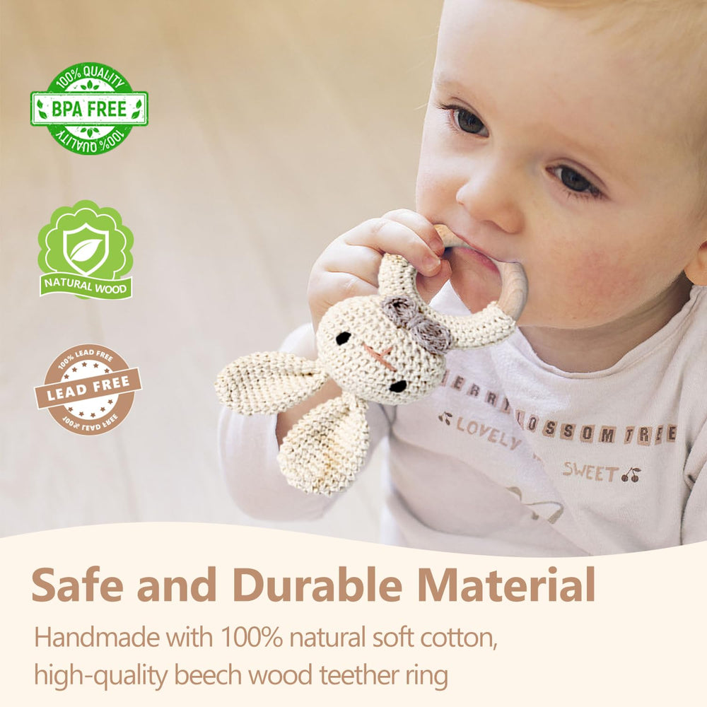 TUOWITA beech wood teething ring soothes gums during teething.