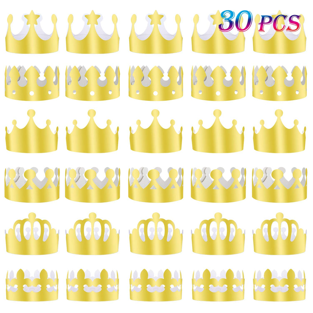 TUPARKA 30-pack paper crown hats with gold foil for festive parties.