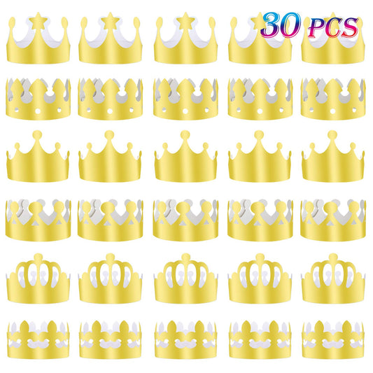 TUPARKA 30-pack paper crown hats with gold foil for festive parties.