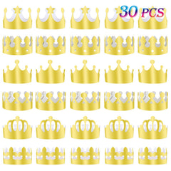 TUPARKA 30-pack paper crown hats with gold foil for festive parties.