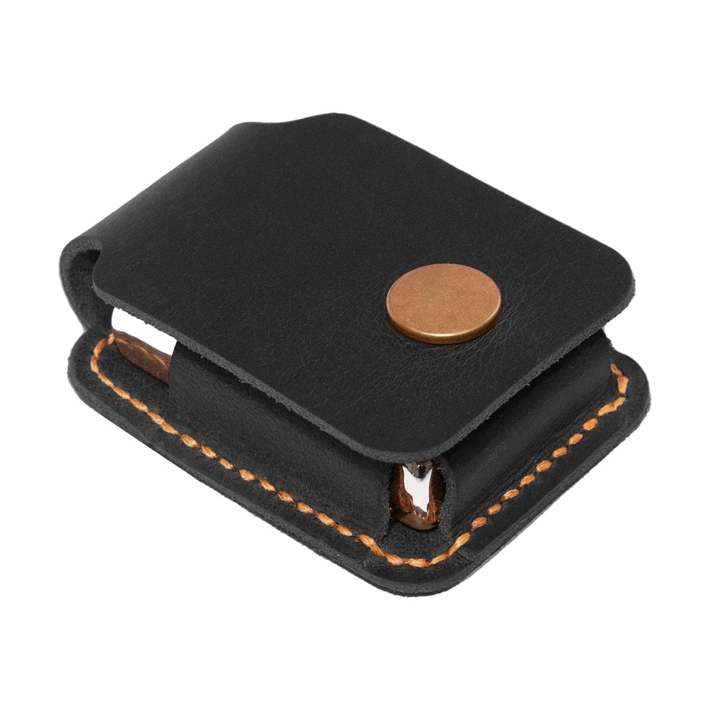 Turbosnail black leather lighter case front view, durable protection with handmade stitching.