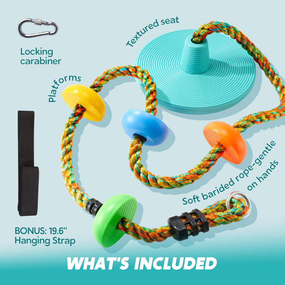 TURFEE blue tree swing assembly shows carabiner for quick secure hanging.
