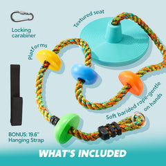 TURFEE blue tree swing assembly shows carabiner for quick secure hanging.