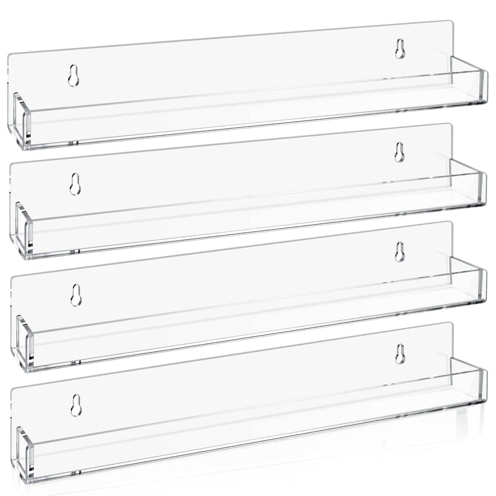 Tutata acrylic floating shelves showcase cards while saving wall space.