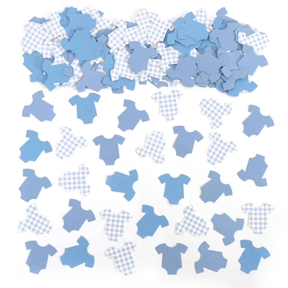 Tutotu blue bodysuit confetti on a table for baby shower decor