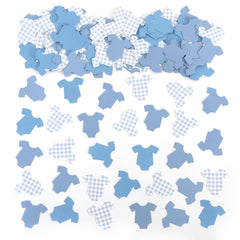 Tutotu blue bodysuit confetti on a table for baby shower decor
