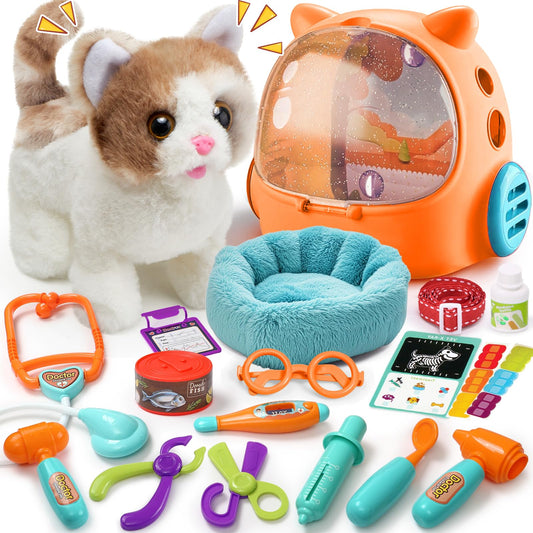 TUZT veterinarian playset walking cat demonstrates interactive pretend care for imaginative veterinary play.