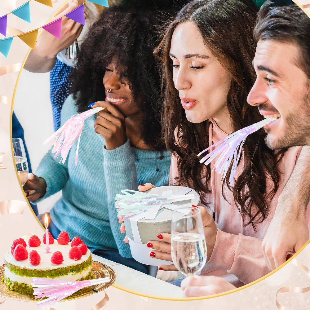 Twavang metallic fringe horns deliver durable, reusable fun at parties.