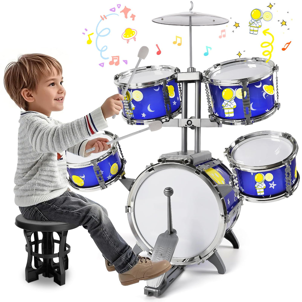 TWFRIC toddler drum set with bass drum boosts rhythm play and coordination.