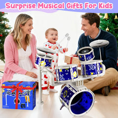 TWFRIC toy drum set assembled view showing adjustable angles and sturdy frame