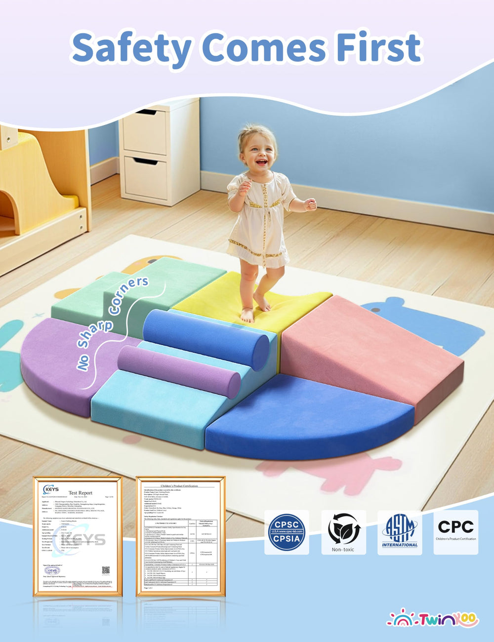 Twinkoo hidden zippers simplify assembly and refreshing play surfaces.
