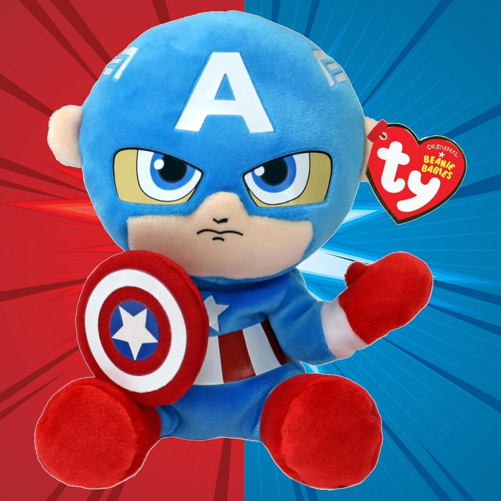 TY Captain America plush toy side pose, squishy texture for cozy play.