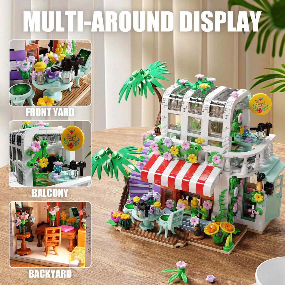 TYCOLE Greenhouse with patio and tropical trees adds vibrant charm to the model.