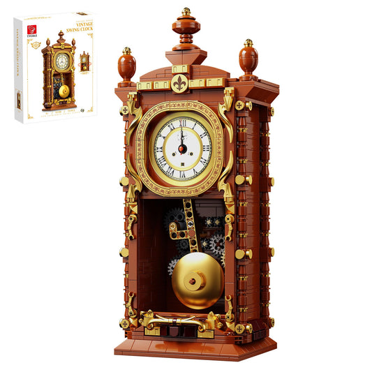TYCOLE Vintage Pendulum Clock Building Set shows assembled dimensions for display on a shelf.