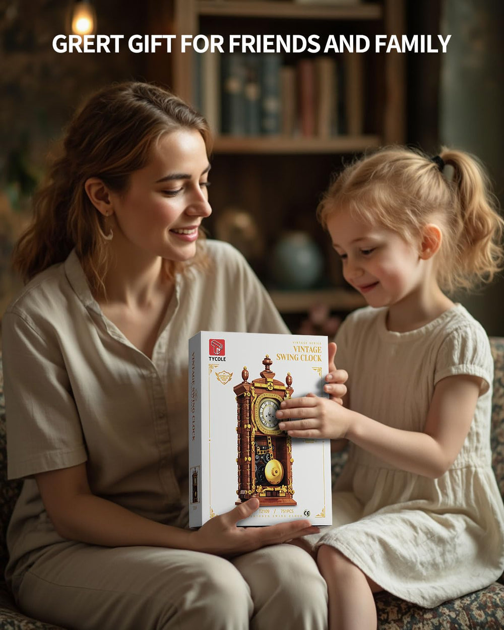 TYCOLE Vintage Pendulum Clock Building Set features brown and gold color scheme for elegance.