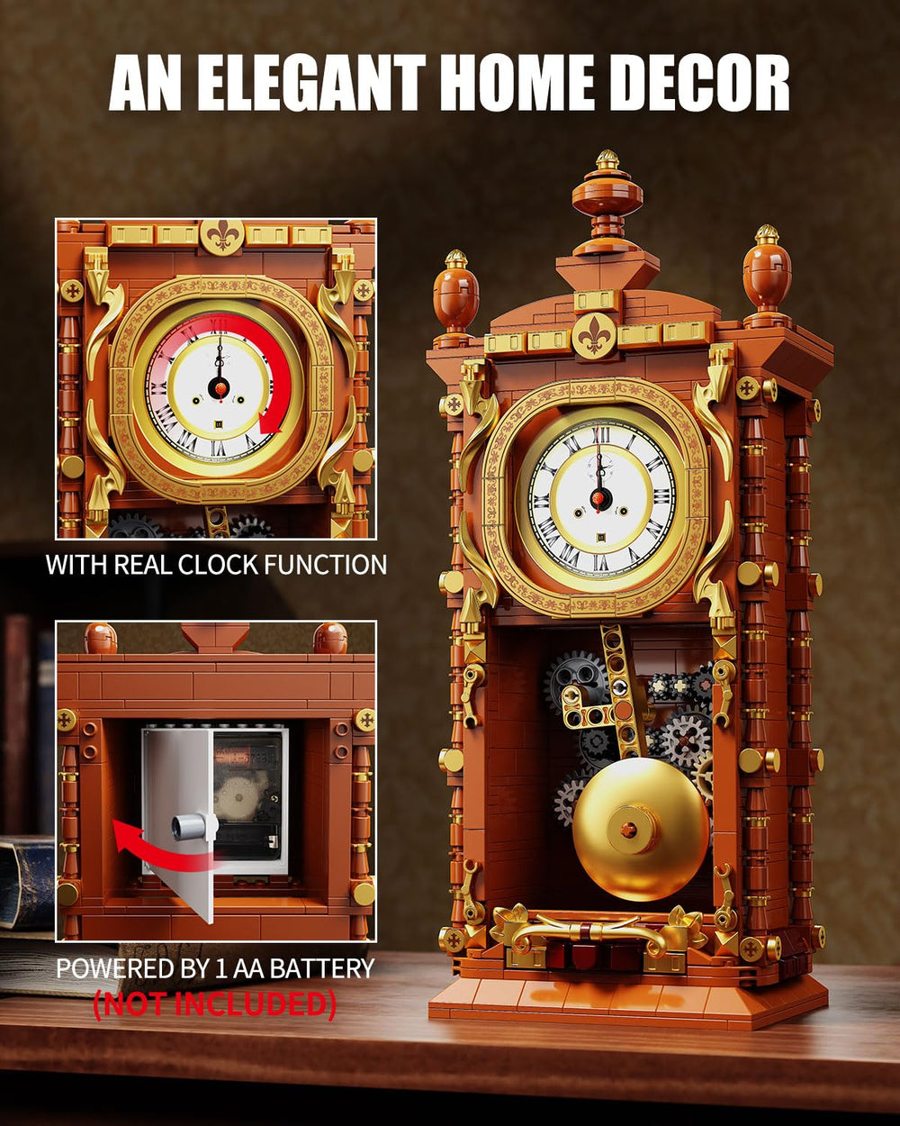 TYCOLE Vintage Pendulum Clock Building Set highlights movable mechanisms with pendulum swing.