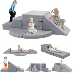 Tykacna foam climbing blocks arranged into a tower for safe toddler play.