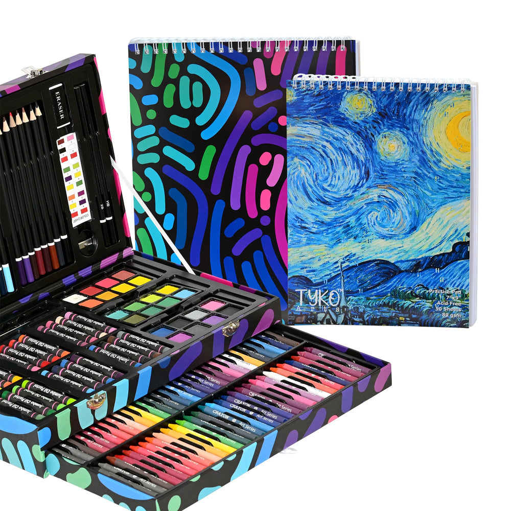 Tyko Arts 24 watercolor cakes for soft washes and precise lines.