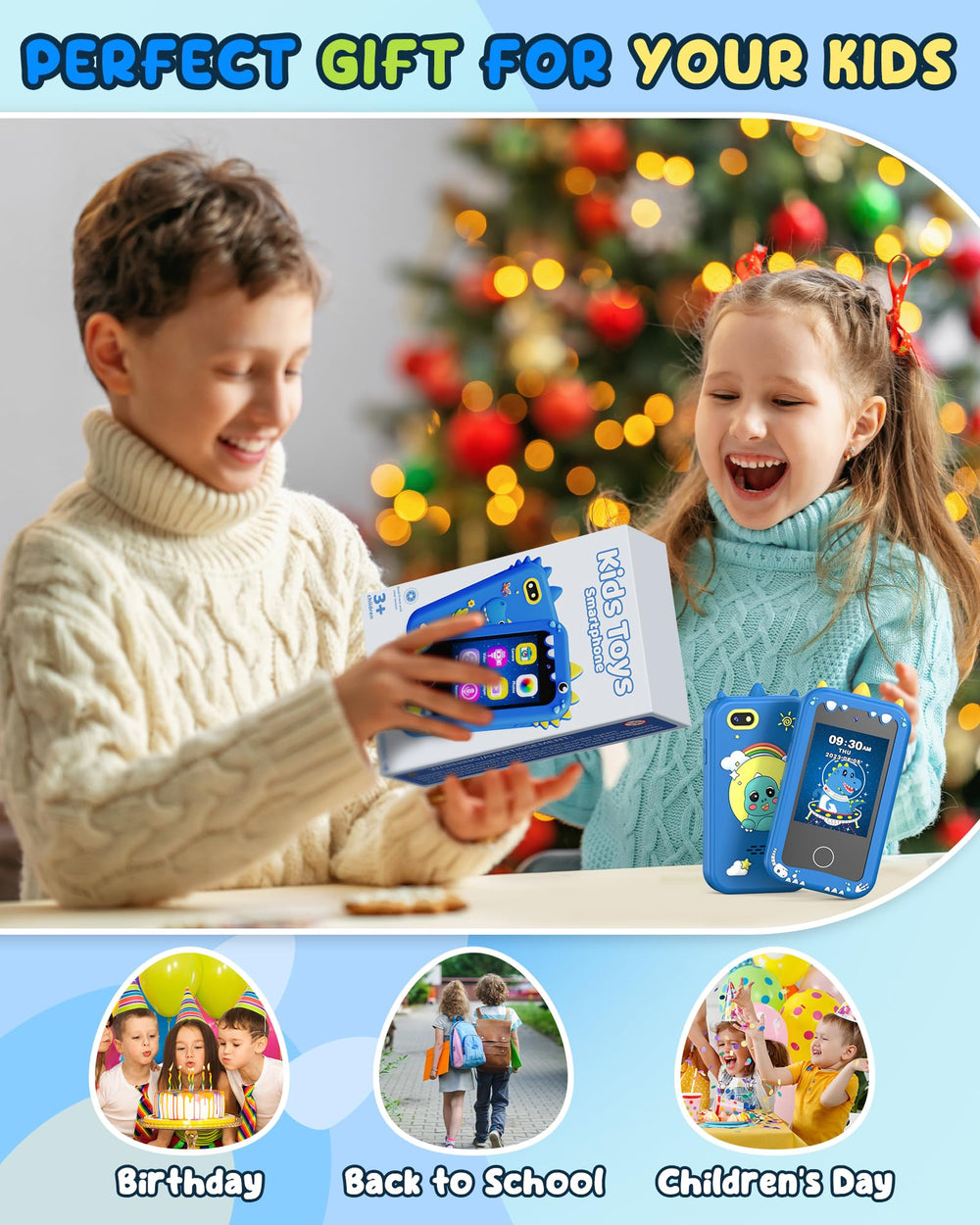 UCIDCI Dinosaur phone in blue promotes kid-friendly, engaging pretend play.