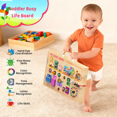 UdoUto Busy Home board twisting clock for sequencing and timing concepts.
