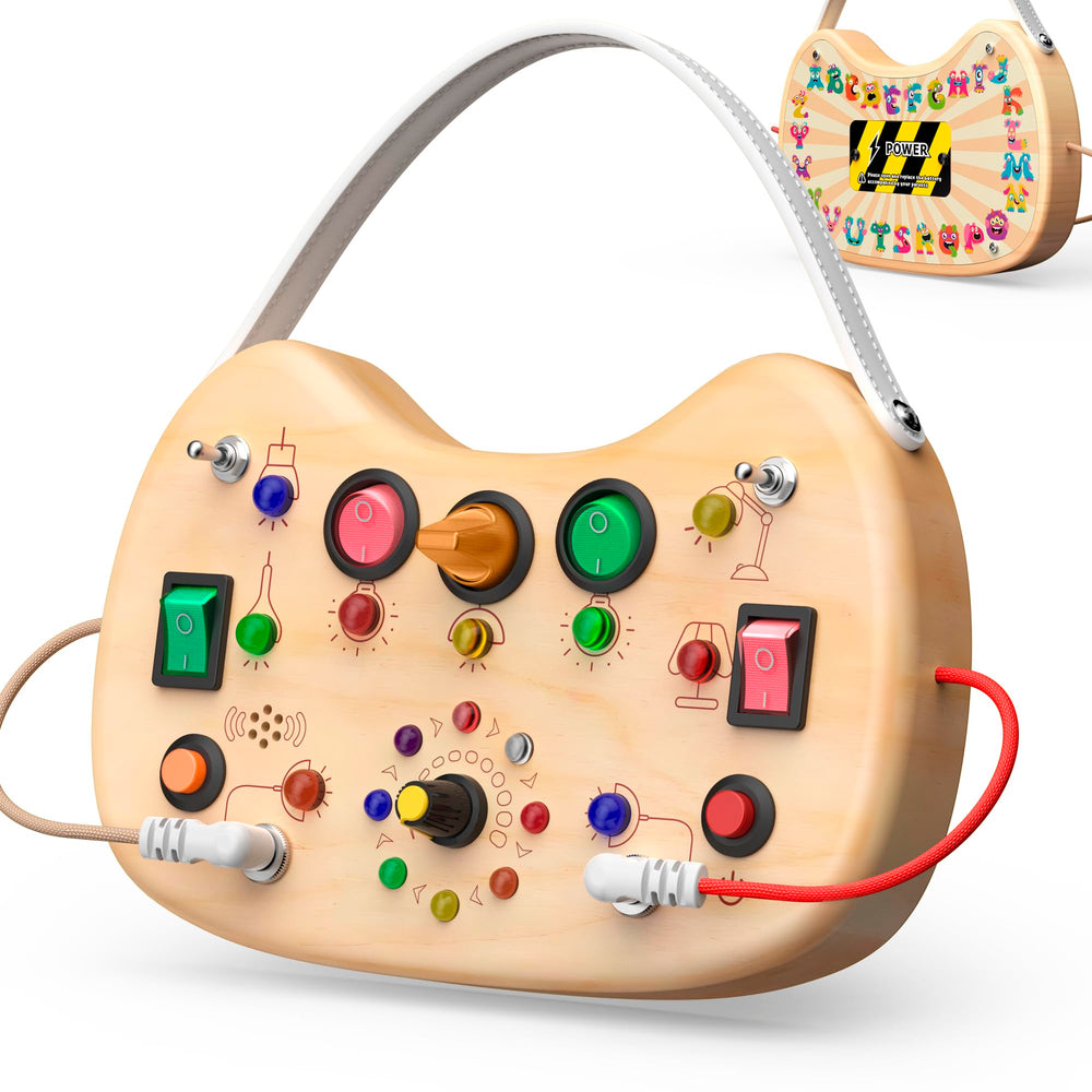 UdoUto Montessori Busy Board with LED lights engages toddlers during playtime.