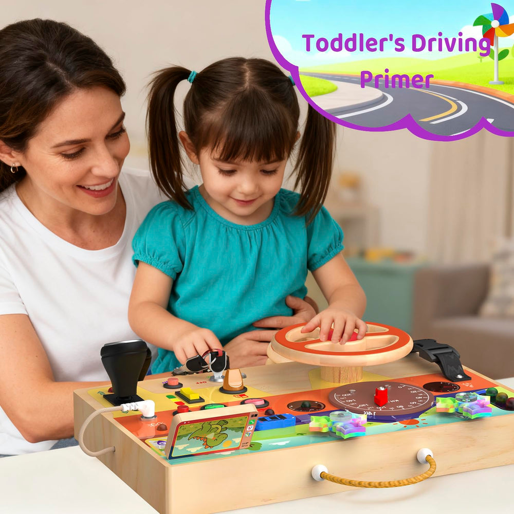 UdoUto Busy Board seatbelt buckle encouraging safe learning