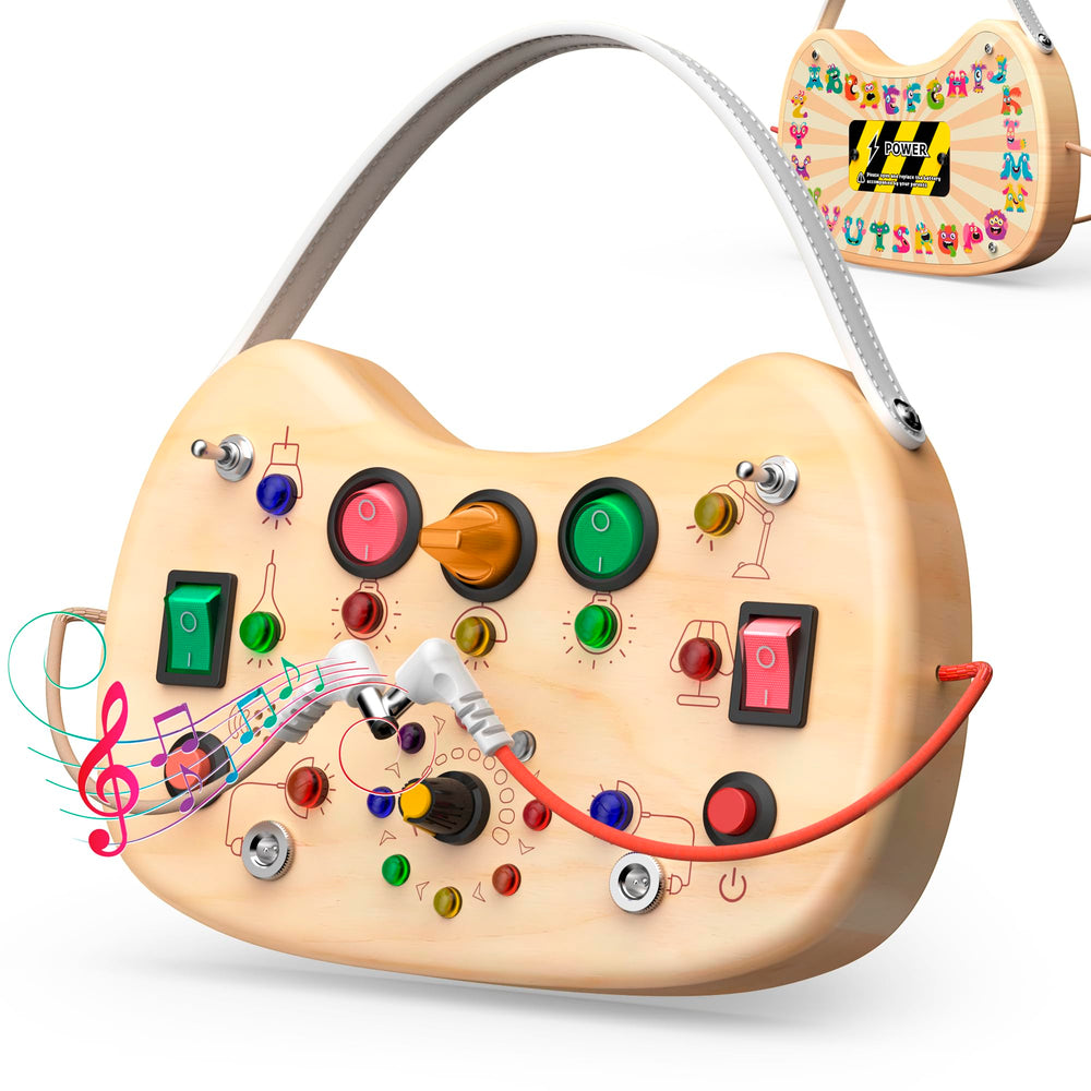UdoUto Toddler Busy Board with LED switch front stimulates fine motor exploration