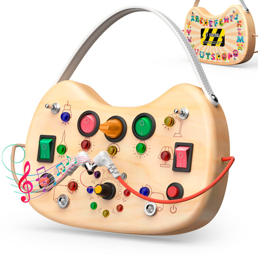 UdoUto Toddler Busy Board with LED switch front stimulates fine motor exploration